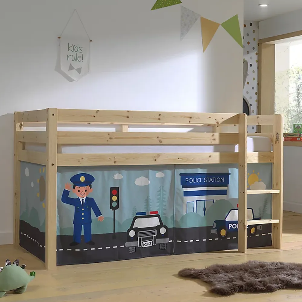 Petits-Meubles Lit Mi-Hauteur 90x200 sommier inclus housse Police Vipack Pino Bois*Enfant Lit Enfant