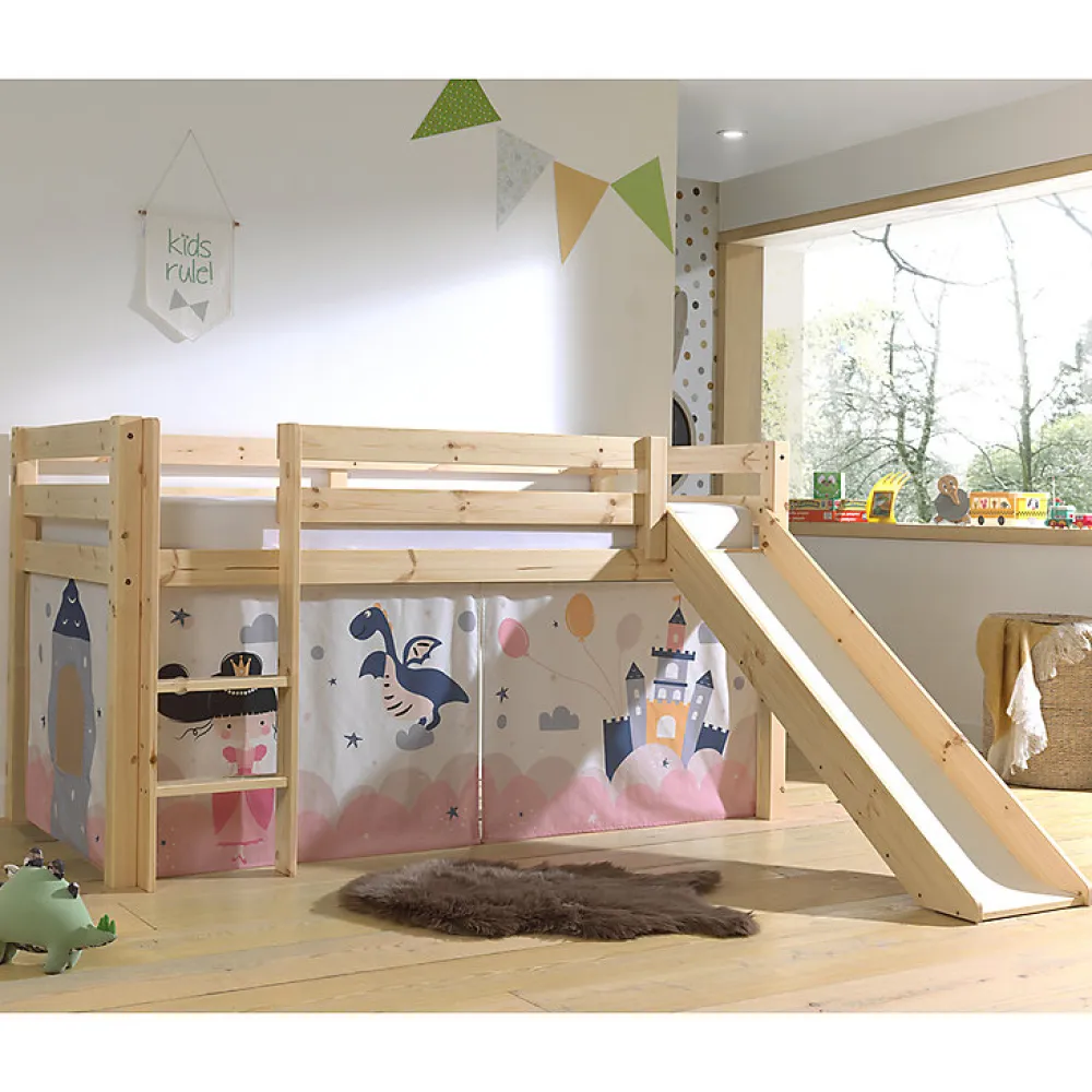 Lit Mi-Hauteur 90x200 Toboggan sommier inclus housse Fairy Vipack Pino Bois>Petits-Meubles New
