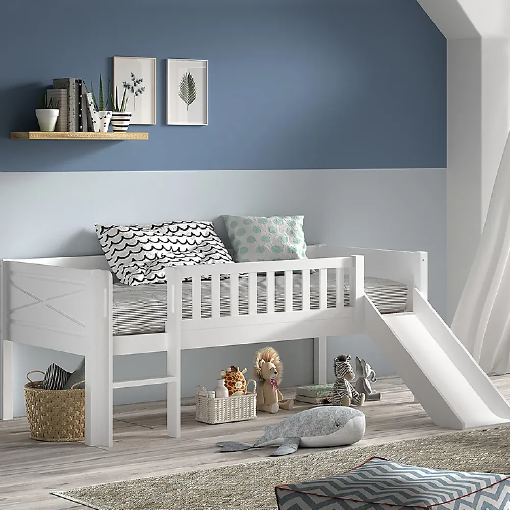 Petits-Meubles Lit mi-hauteur 90x200 toboggan et sommier inclus Vipack Scott Blanc*Enfant Lit Enfant
