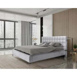 Lit MILLIO Blanc 160x200 cm Tissu chenille bouclé Sommier inclus Confort hôtel 5 étoiles>Meublorama Clearance