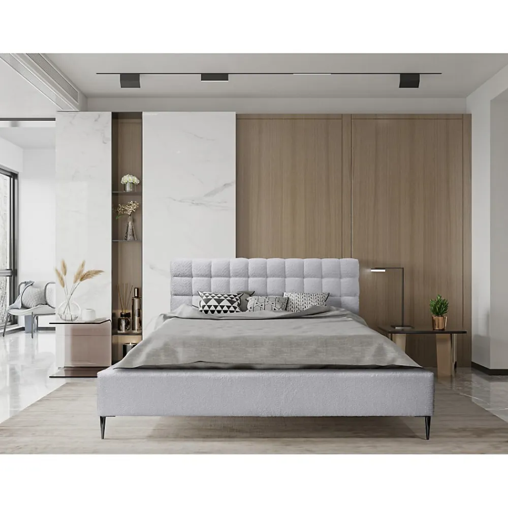 Lit MILLIO Blanc 140x200 cm Tissu chenille bouclé Sommier inclus Confort hôtel 5 étoiles>Meublorama Best