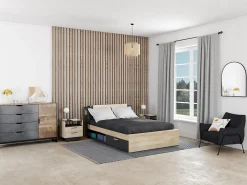 Lit modulable 140 x 190/200 cm avec rangements - Coloris : Naturel et noir - ERALIA>Vente-unique Discount