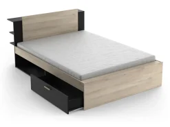 Lit modulable 140 x 190/200 cm avec rangements - Coloris : Naturel et noir - ERALIA><noscript><img width=