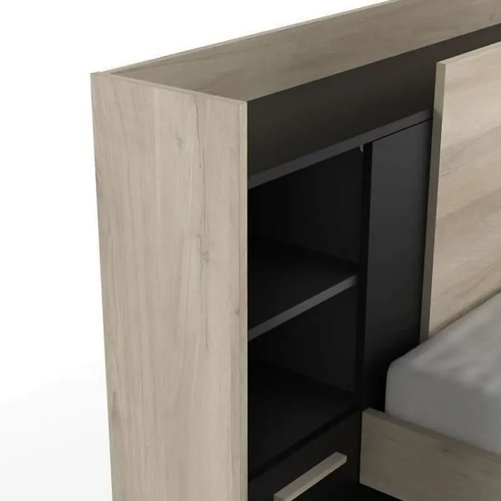 Vente-unique Lit modulable 90 x 190/200 cm avec rangements - Noir et naturel - MARTELO* Lit Avec Rangement