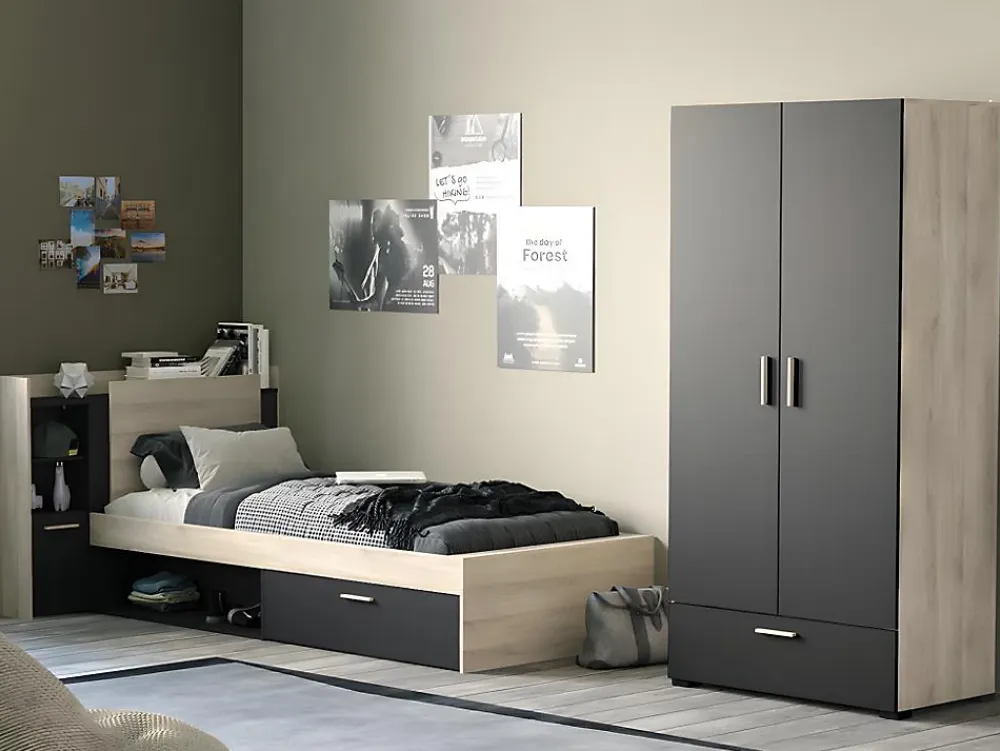 Vente-unique Lit modulable 90 x 190/200 cm avec rangements - Noir et naturel - MARTELO* Lit Avec Rangement