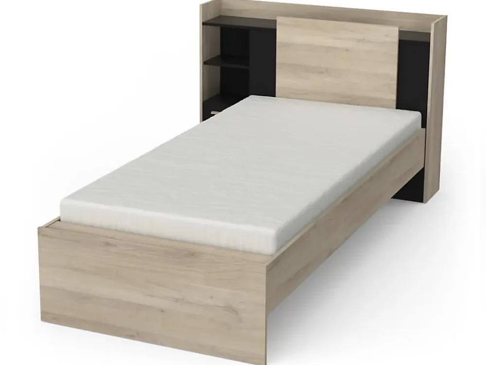 Vente-unique Lit modulable 90 x 190/200 cm avec rangements - Noir et naturel - MARTELO* Lit Avec Rangement