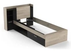 Vente-unique Lit modulable 90 x 190/200 cm avec rangements - Noir et naturel - MARTELO* Lit Avec Rangement