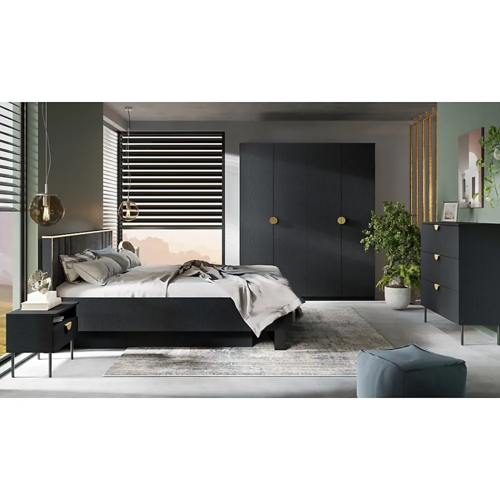 Meublorama Lit MONDO 180x200 cm Noir structuré et doré Pieds métal design Sans sommier* Lit Double