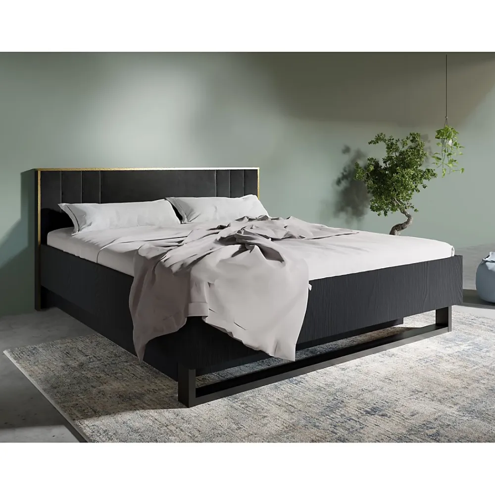 Meublorama Lit MONDO 180x200 cm Noir structuré et doré Pieds métal design Sans sommier* Lit Double