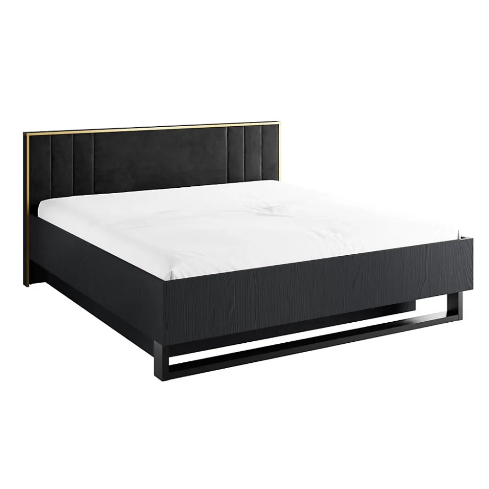 Meublorama Lit MONDO 180x200 cm Noir structuré et doré Pieds métal design Sans sommier* Lit Double
