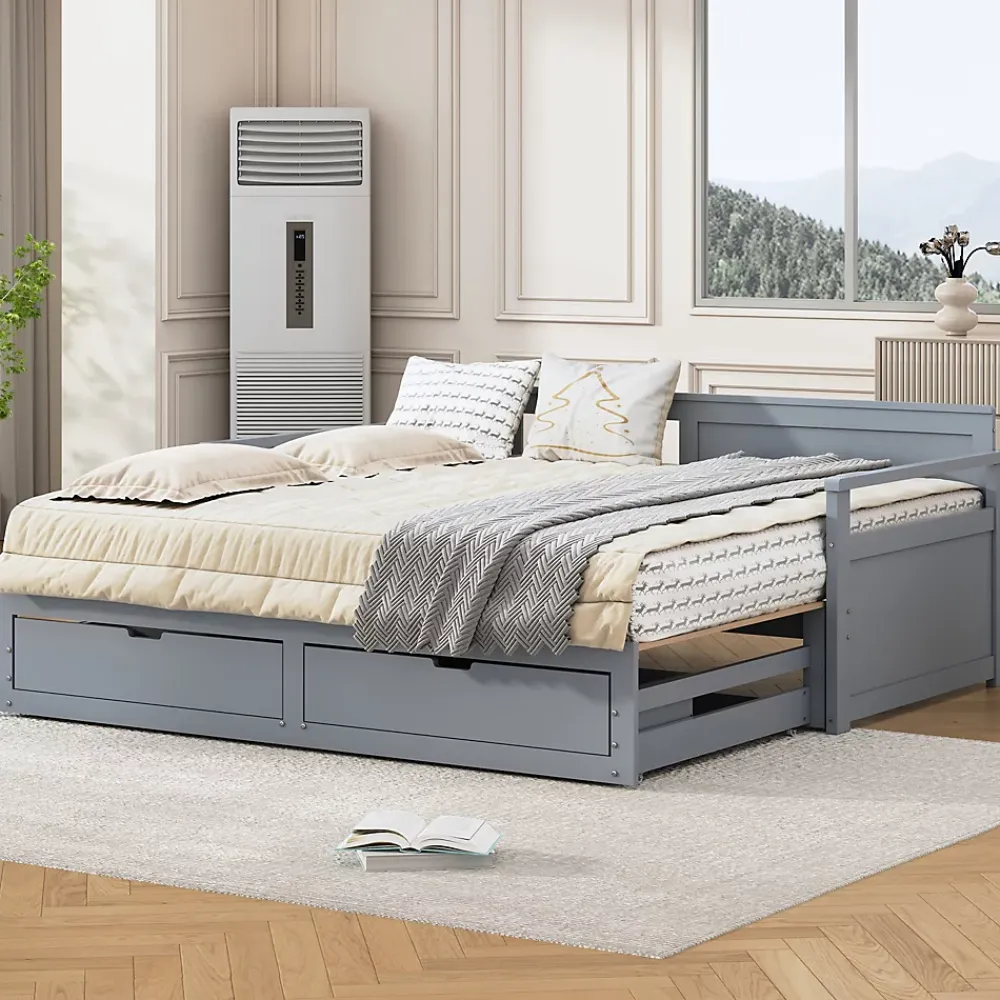 Redom Lit multifonction deux en un quatre vingt dix cent quatre vingt par cent quatre vingt dix pin avec tiroirs lit extensible gris* Lit Avec Rangement