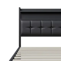 Simple Life Lit multifonction 140x200 cm en cuirPolyuréthanenoir avec LED RGB, coffre hydraulique, prises intégrées et chargeur européen* Lit Coffre
