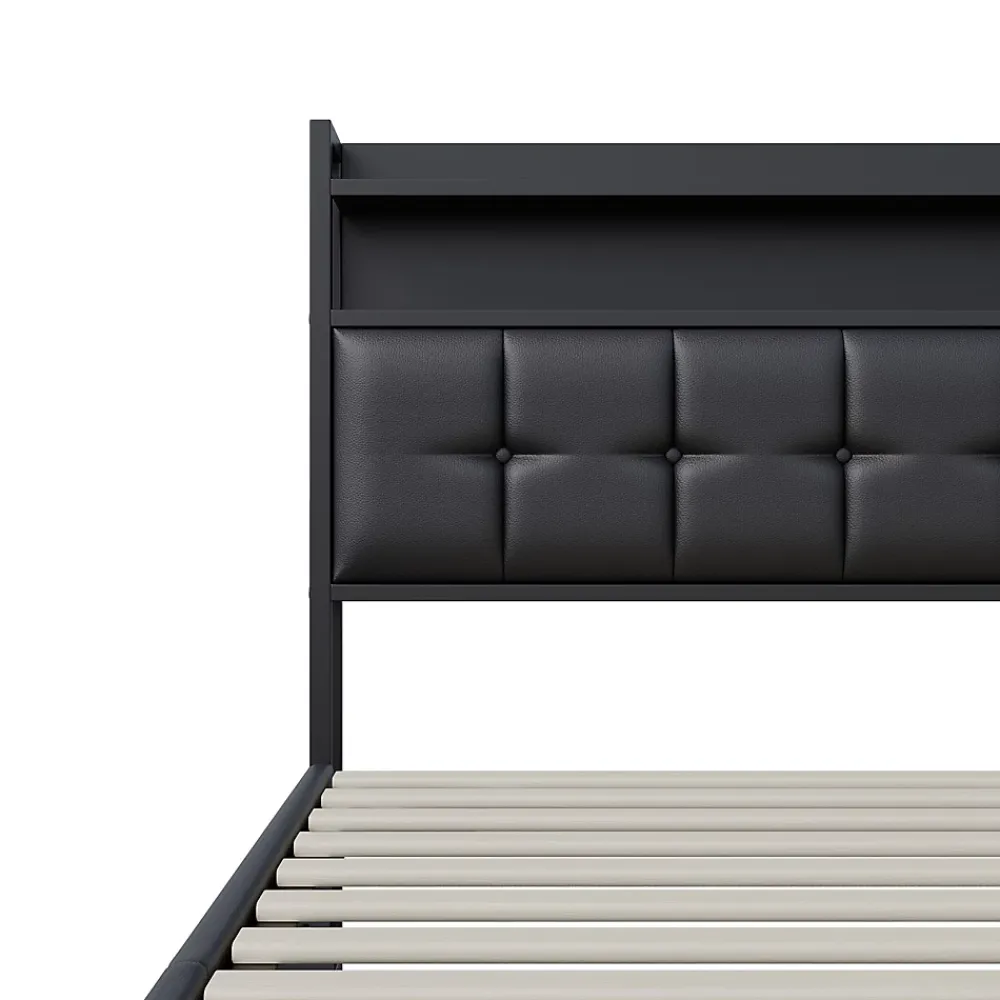 Simple Life Lit multifonction 140x200 cm en cuirPolyuréthanenoir avec LED RGB, coffre hydraulique, prises intégrées et chargeur européen* Lit Coffre