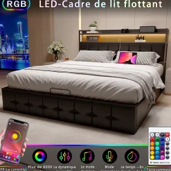 Simple Life Lit multifonction 140x200 cm en cuirPolyuréthanenoir avec LED RGB, coffre hydraulique, prises intégrées et chargeur européen* Lit Coffre