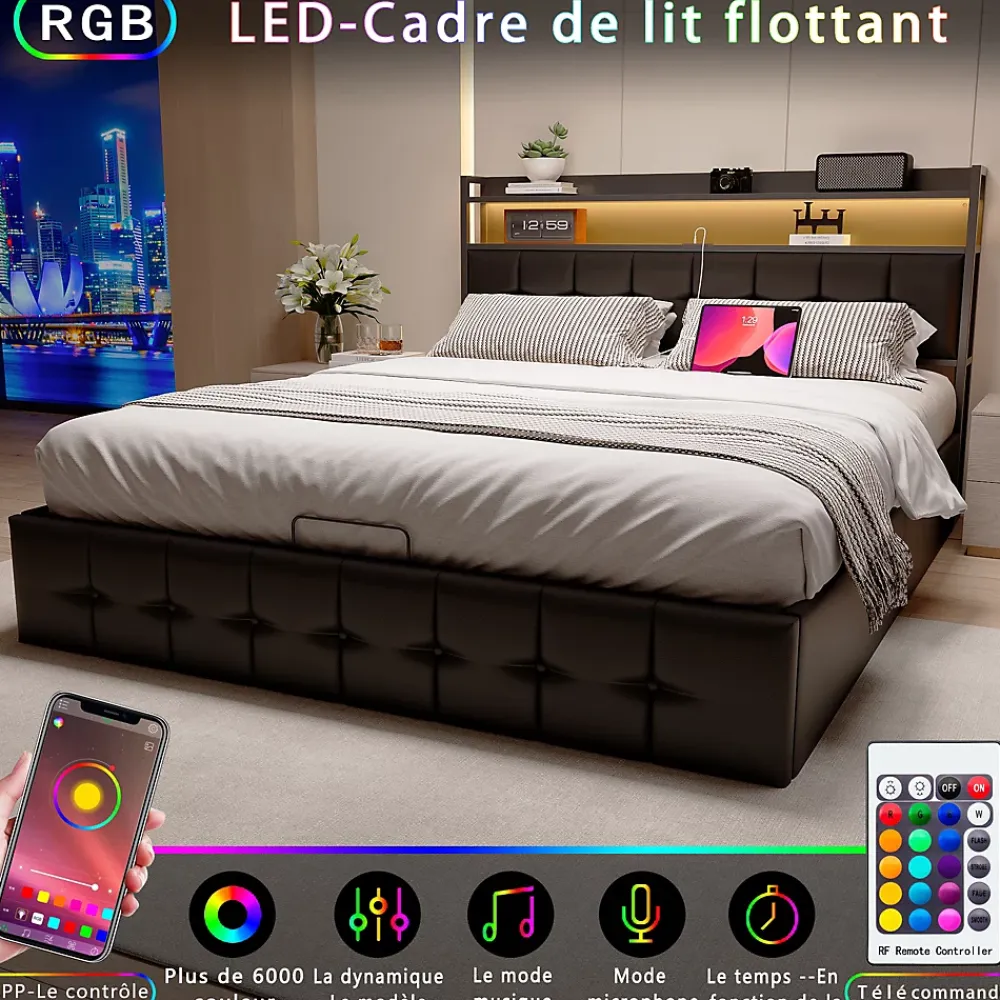 Simple Life Lit multifonction 140x200 cm en cuirPolyuréthanenoir avec LED RGB, coffre hydraulique, prises intégrées et chargeur européen* Lit Coffre