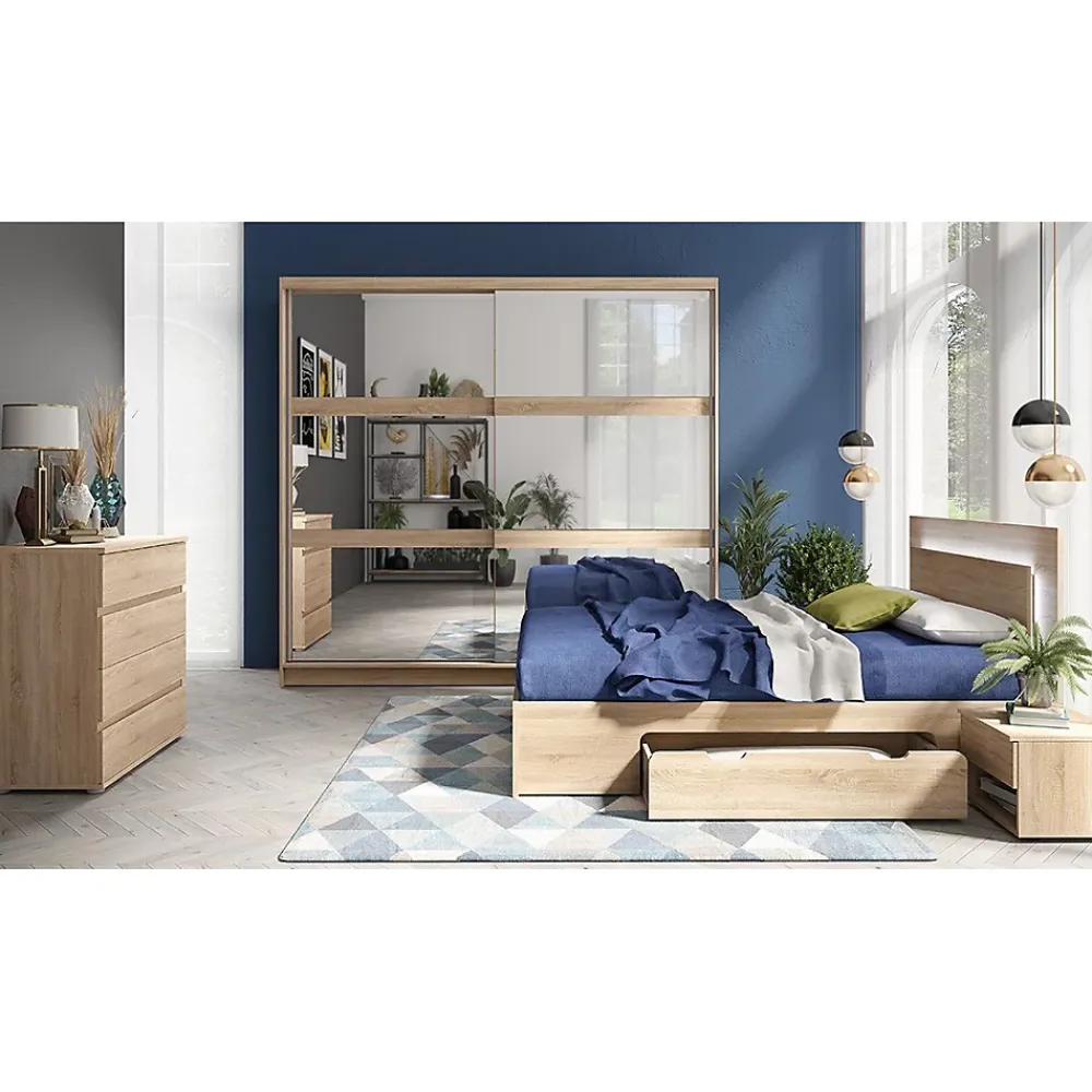 Meublorama Lit NOFI 180 x 200 cm avec sommier et 2 tiroirs de rangement - coloris chene sonoma* Lit Avec Rangement