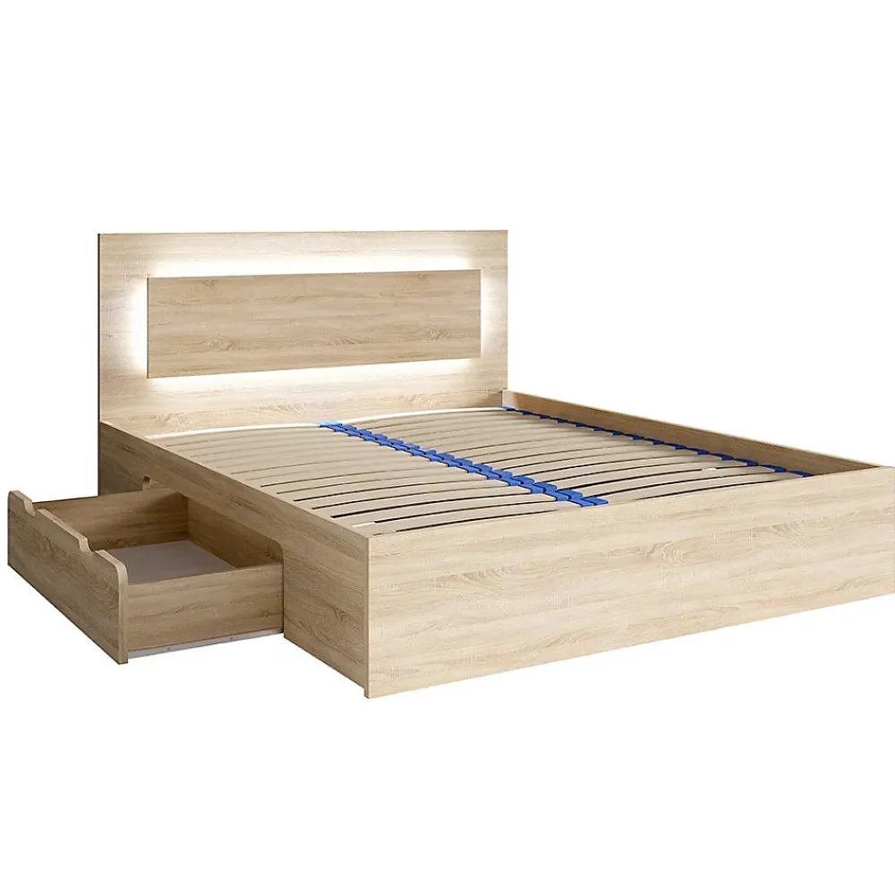 Meublorama Lit NOFI 180 x 200 cm avec sommier et 2 tiroirs de rangement - coloris chene sonoma* Lit Avec Rangement