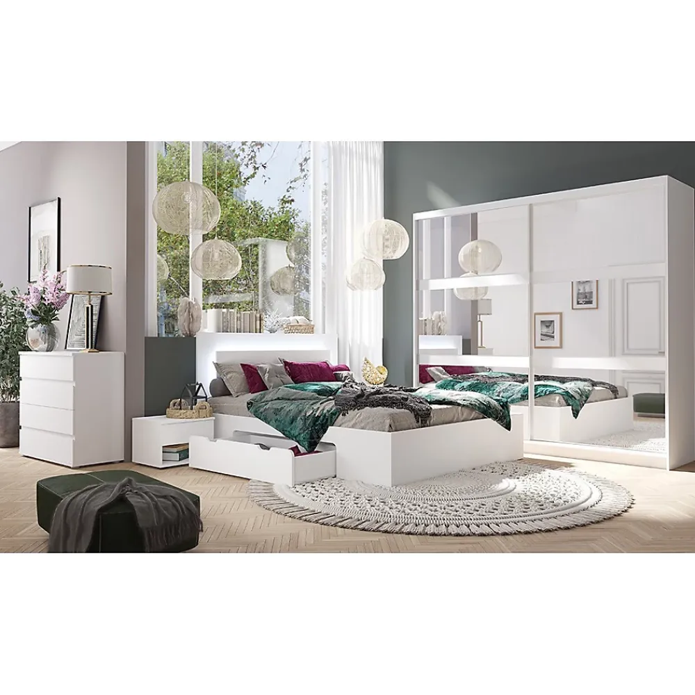 Meublorama Lit NOFI 160 x 200 cm avec sommier et 2 tiroirs de rangement - blanc* Lit Avec Rangement