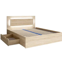 Meublorama Lit NOFI 160 x 200 cm avec sommier et 2 tiroirs de rangement - coloris chene sonoma* Lit Avec Rangement