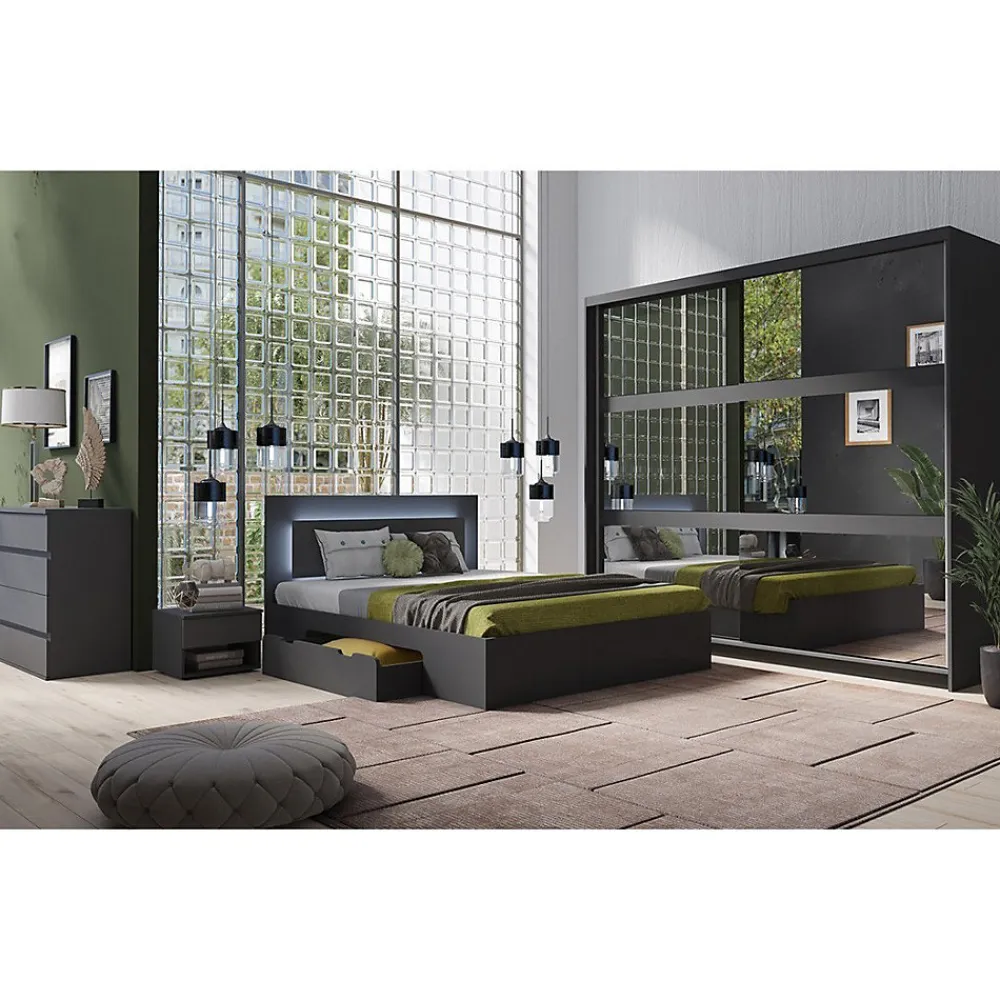 Lit NOFI avec sommier 160 x 200 cm avec 2 tiroirs de rangement - gris graphite>Meublorama Outlet
