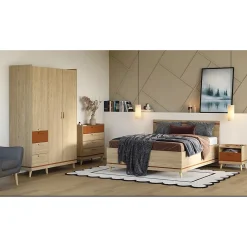 Meublorama Lit NOKI 180x200 cm chene clair et moka Style scandinave sans sommier* Lit Double