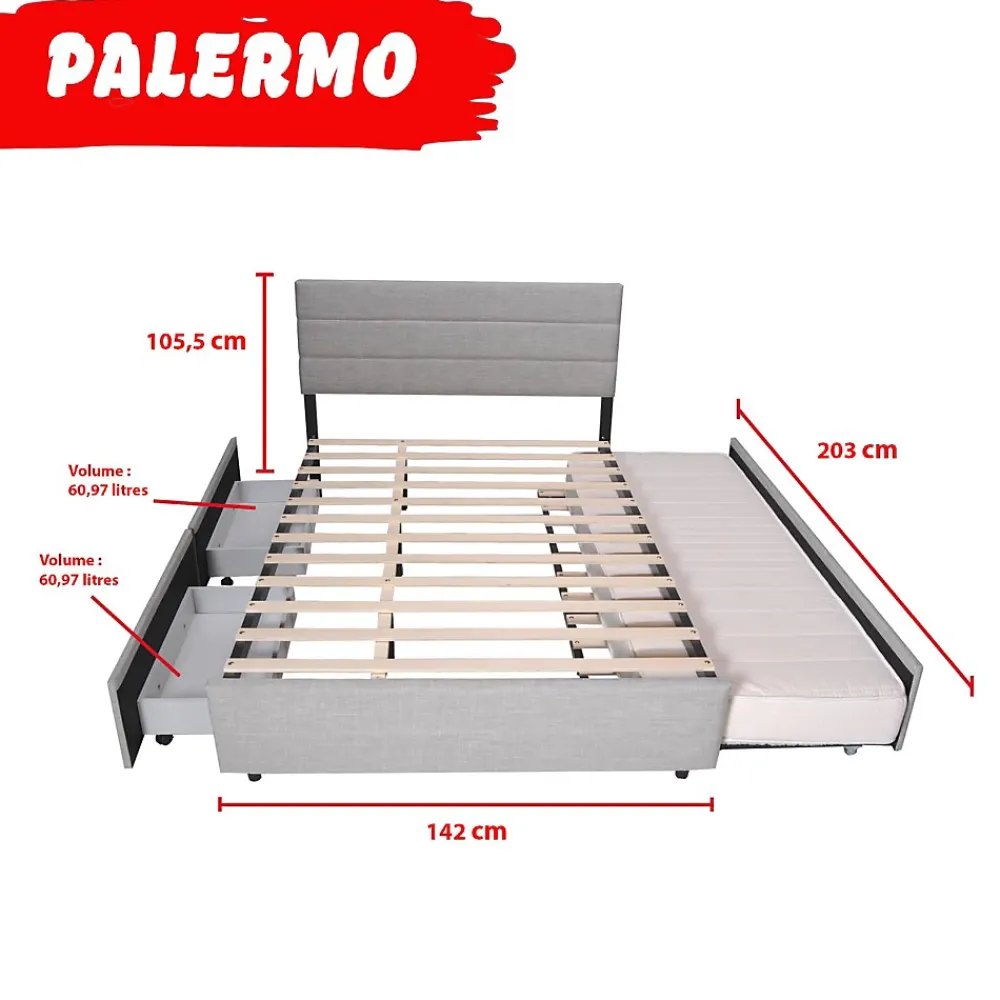 Weber Industries Lit PALERMO 140x200 +1 sommier+2 tiroirs+1 tiroir lit 90x190 / Gris clair* Lit Avec Rangement