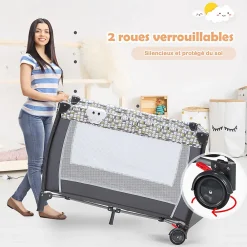 Lit Parapluie pour Bebe Pliable a roulettes avec Table a Langer et Matelas Lit de Voyage Bebe Gris><noscript><img width=