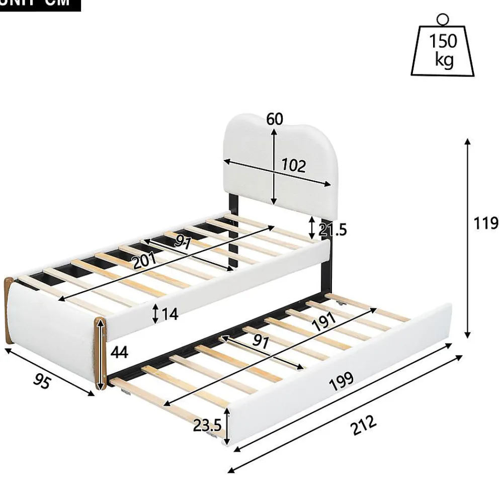 Lit plat rembourré 90 x 200 cm avec roulettes, blanc, noir>Blackcolors Outlet