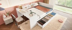 Lit Plat 140x200cm, Bureau, 2 Tiroirs, Pin + Panneau, Sans Matelas, Blanc><noscript><img width=