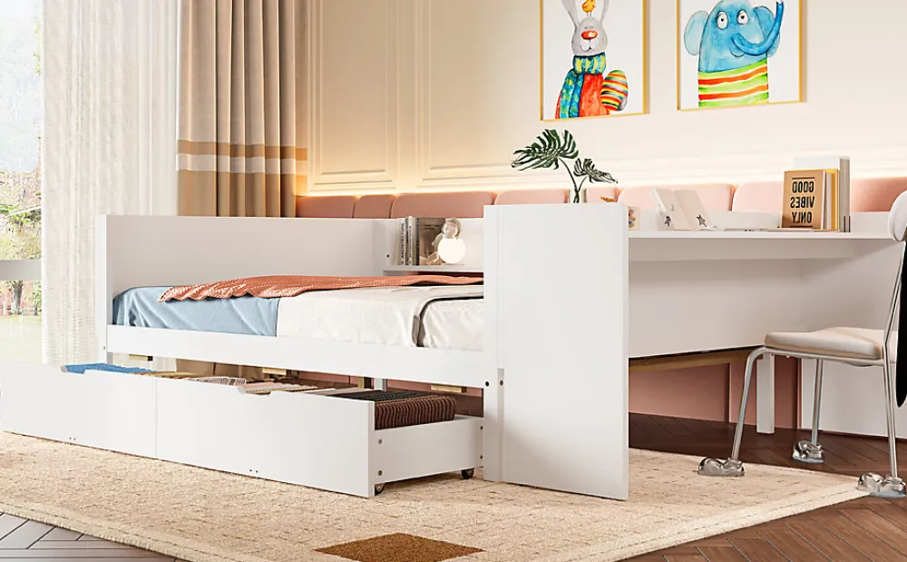 Lit Plat 140x200cm, Bureau, 2 Tiroirs, Pin + Panneau, Sans Matelas, Blanc>Fortuna lai Clearance