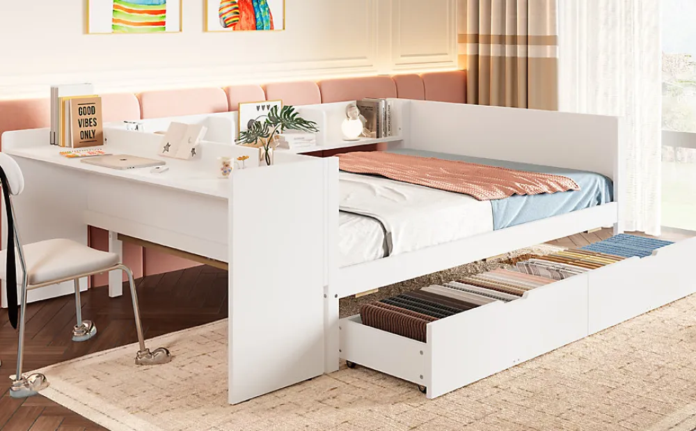 Lit Plat 140x200cm, Bureau, 2 Tiroirs, Pin + Panneau, Sans Matelas, Blanc>Fortuna lai Clearance