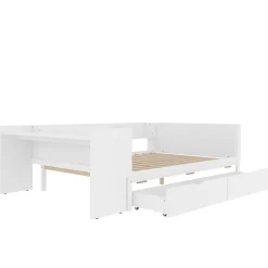 Lit Plat 140x200cm, Bureau, 2 Tiroirs, Pin + Panneau, Sans Matelas, Blanc><noscript><img width=