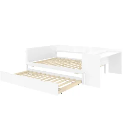 Fortuna lai Lit Plat 140x200cm, Bureau, Lit Escamotable, 2 Tiroirs, Pin + Panneau, Blanc*Enfant Lit Enfant