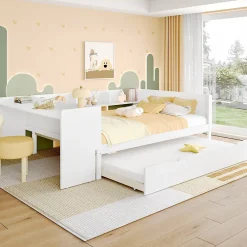 Fortuna lai Lit Plat 140x200cm, Bureau, Lit Escamotable, 2 Tiroirs, Pin + Panneau, Blanc*Enfant Lit Enfant