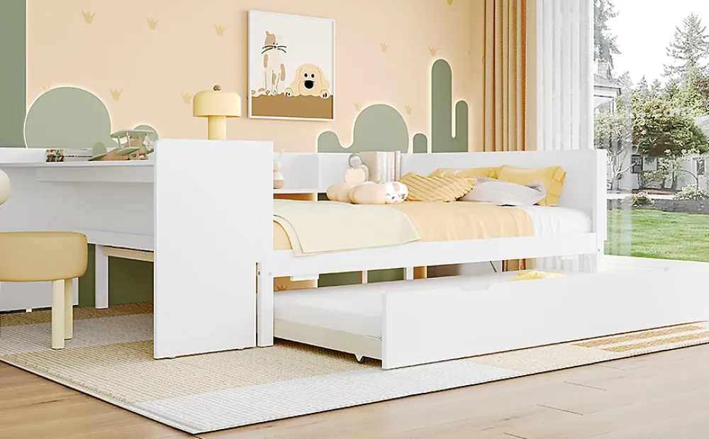 Fortuna lai Lit Plat 140x200cm, Bureau, Lit Escamotable, 2 Tiroirs, Pin + Panneau, Blanc*Enfant Lit Enfant