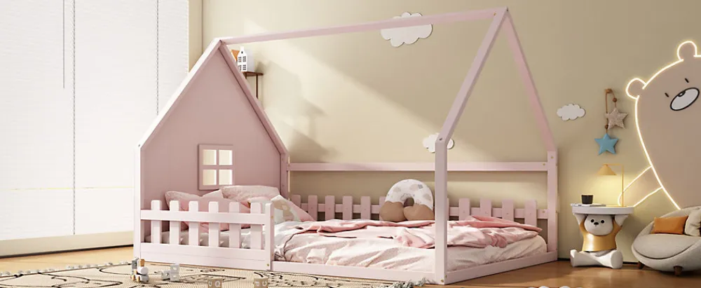 Lit Plat 140x200cm, Forme Maison, Rampe, Pin, Rose>Fortuna lai New