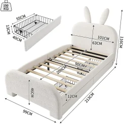 Blackcolors Lit Plat 90x200cm Laine Mouton Forme Lapin Blanc* Lit Avec Rangement