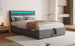 Lit Plat 160x200cm, Rembourré, LED Ambiant, USB, Grande Capacité de Rangement, Blanc><noscript><img width=