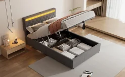 Lit Plat 160x200cm, Rembourré, LED Ambiant, USB, Grande Capacité de Rangement, Blanc><noscript><img width=