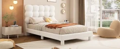 Lit Plat 140x200cm, Rembourré, LED Ambiant, USB, Grande Capacité de Rangement, Blanc><noscript><img width=
