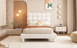 Lit Plat 140x200cm, Rembourré, LED Ambiant, USB, Grande Capacité de Rangement, Blanc><noscript><img width=