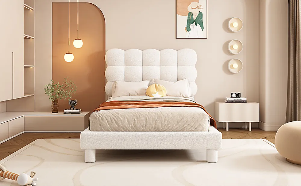 Lit Plat 140x200cm, Rembourré, LED Ambiant, USB, Grande Capacité de Rangement, Blanc>Fortuna lai New