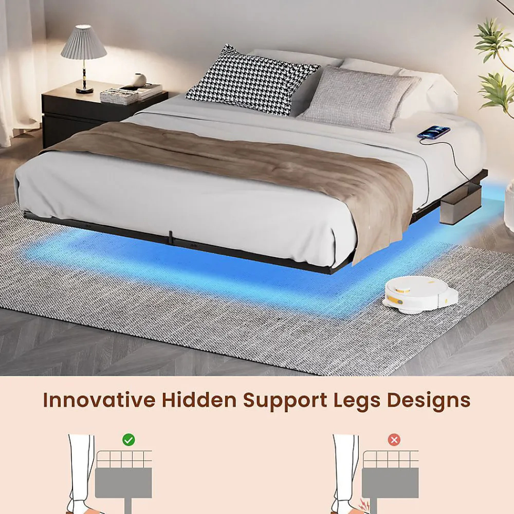 Lit plateforme métal 140x200 cm, style japonais, LED, sans tête de lit - noir>Blackcolors Sale