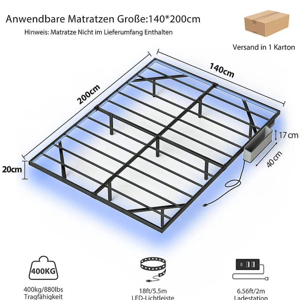 Lit plateforme métal 140x200 cm, style japonais, LED, sans tête de lit - noir>Blackcolors Sale