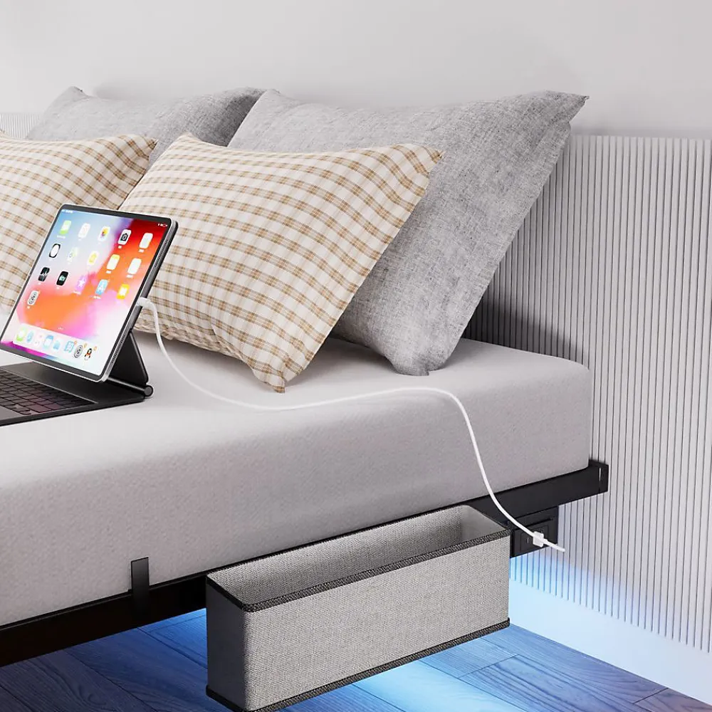 Lit plateforme métal 140x200 cm, style japonais, LED, sans tête de lit - noir>Blackcolors Sale