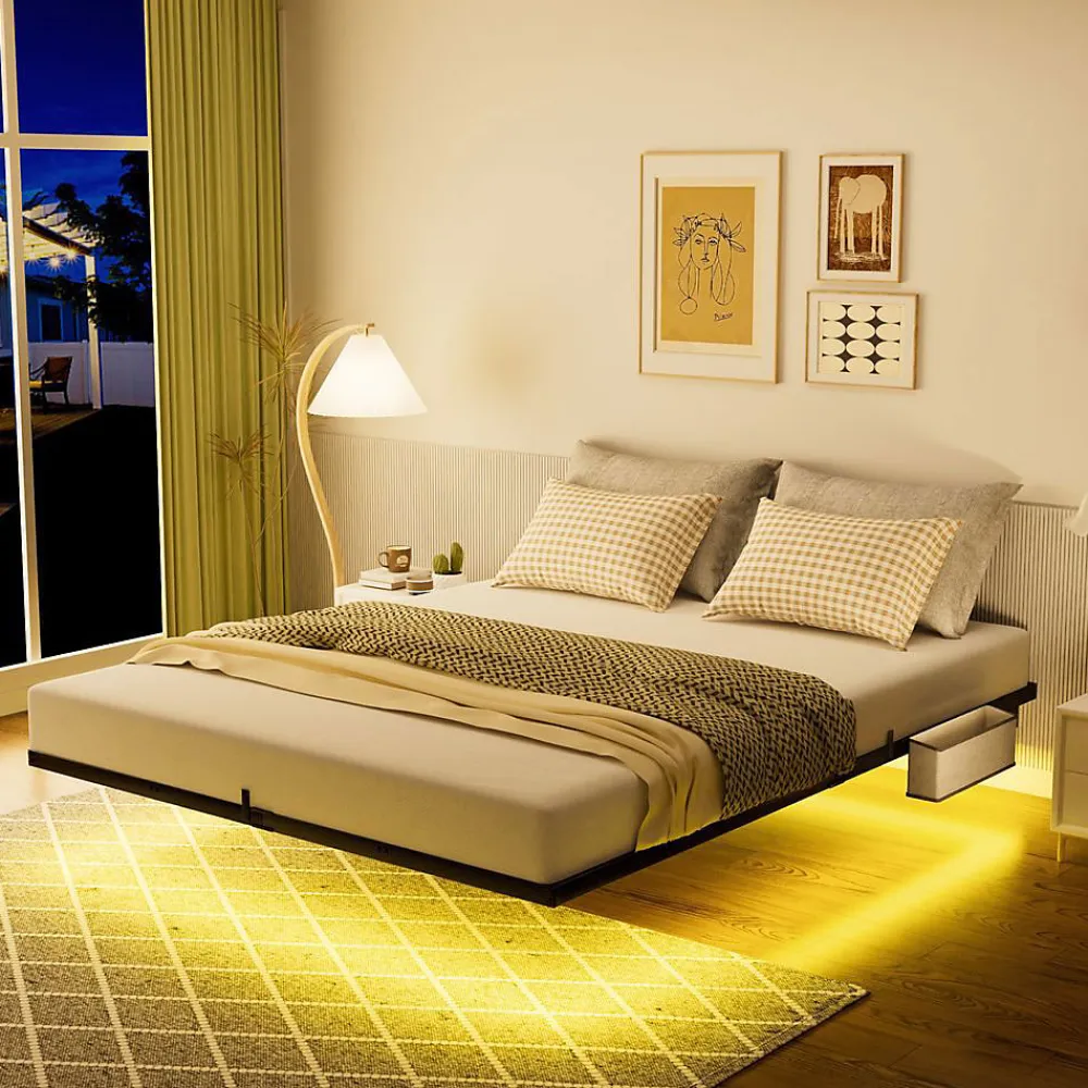 Lit plateforme métal 140x200 cm, style japonais, LED, sans tête de lit - noir>Blackcolors Sale