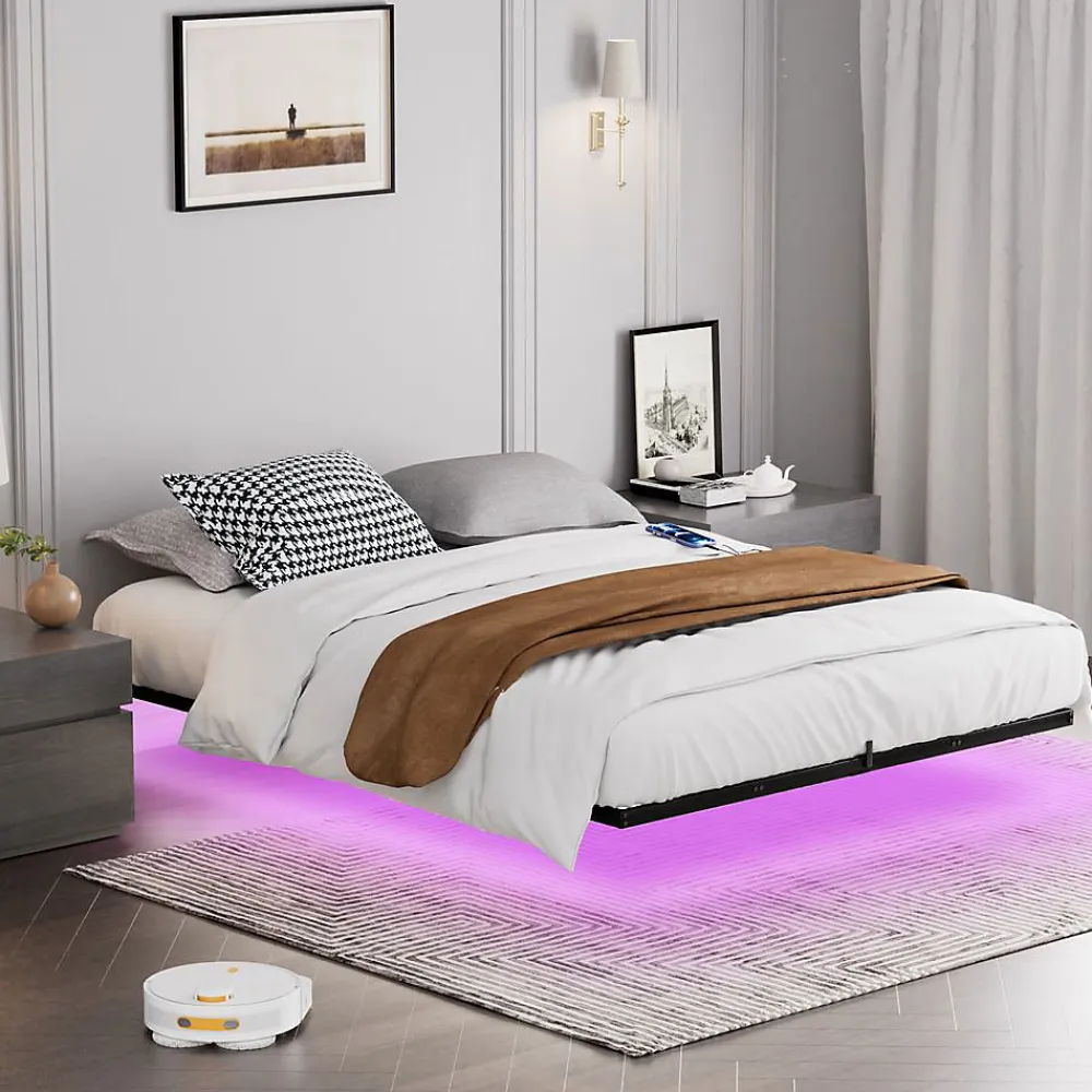 Lit plateforme métal 140x200 cm, style japonais, LED, sans tête de lit - noir>Blackcolors Sale