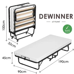 Teeno Lit Pliant 90x190 CM avec Matelas de 10cm, Lit Pliable 1 Personne Adulte, 4 roulettes, 2 Min Assembler*Enfant Lit Enfant