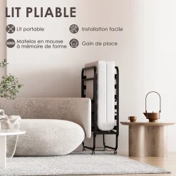 Teeno Lit Pliant 90x190 CM avec Matelas de 10cm, Lit Pliable 1 Personne Adulte, 4 roulettes, 2 Min Assembler*Enfant Lit Enfant