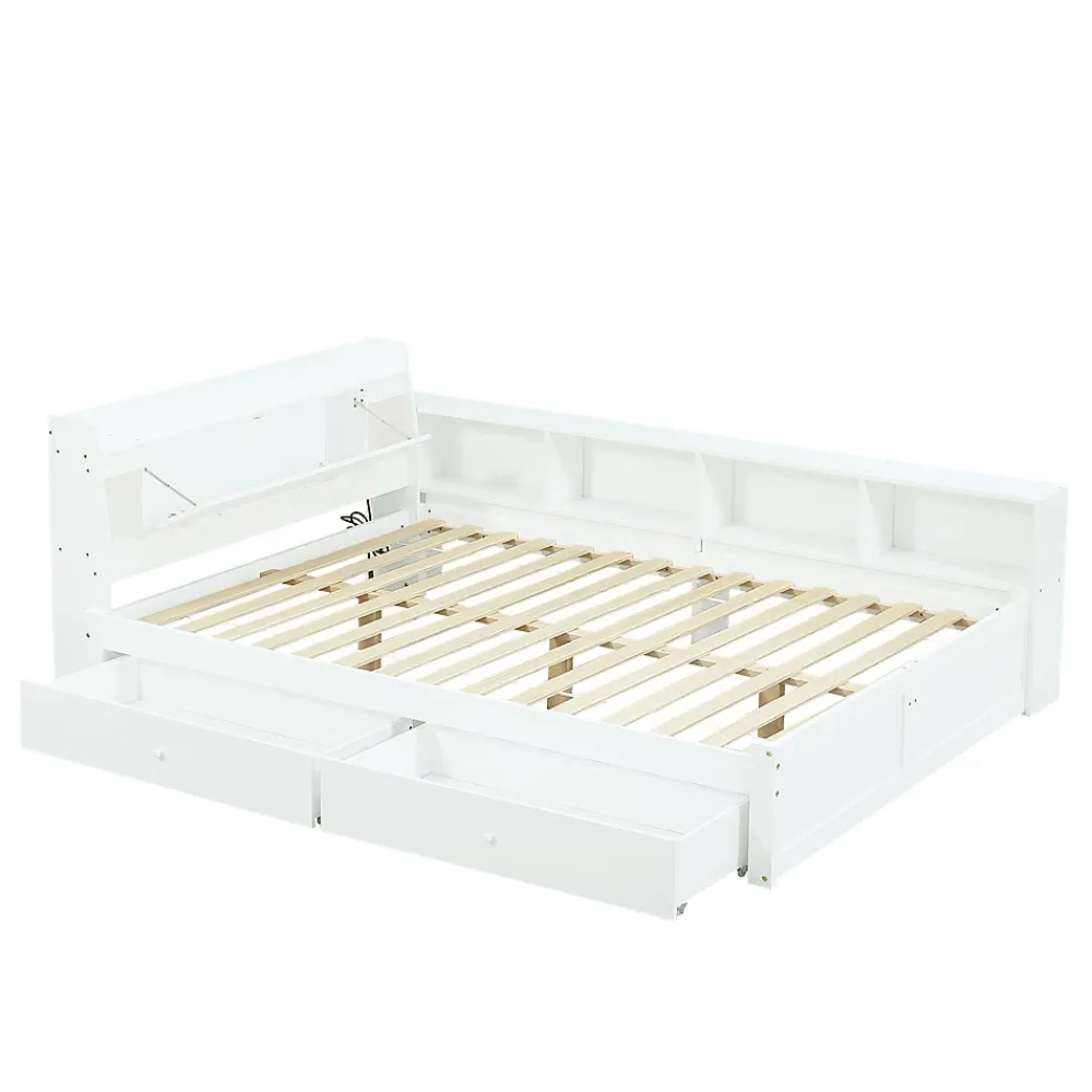 Fortuna lai Lit Polster 140x200 cm avec rangement latéral, 2 lampes, prise USB, bois blanc, moderne*Enfant Lit Enfant